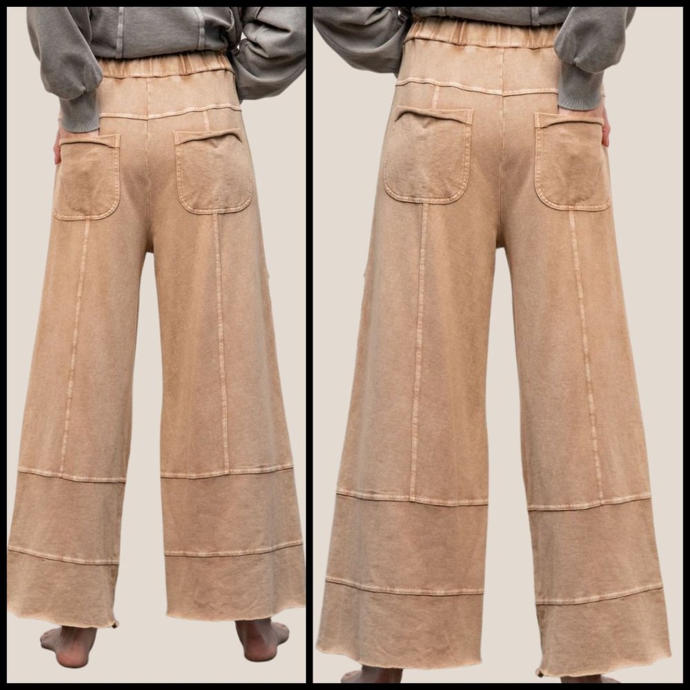 EASEL "Perfect Cargo" Terry Knit Mineral Washed Flared Leg Pants Raw Hem & Seams - Picture 6 of 15